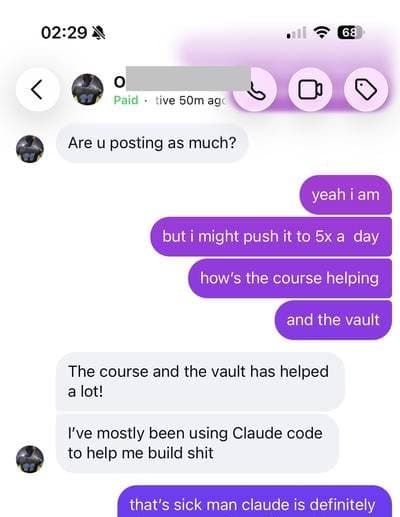 DM screenshot: student sharing how the vault helped them build with Claude